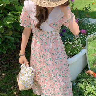 Ruffle Collar Floral Midi A-line Dress