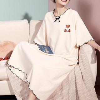Short-sleeve Wood Ear Trim Bear Print Sleep Dress