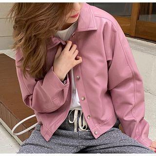 Long Sleeve Plain Faux Leather Jacket