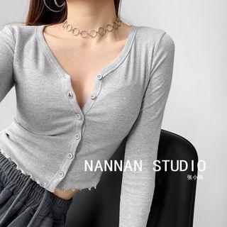 Ruffled-edge Button-down Crop Knit Top