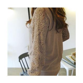 Wool Blend Monk-neck Lace-sleeve Top