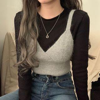 V-neck Knit Camisole Top / Long-sleeve Mock-neck Top