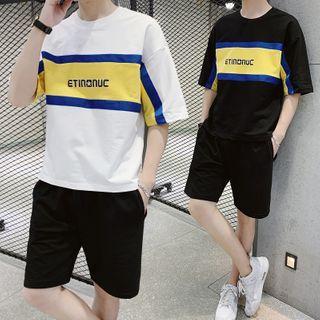 Set: Elbow-sleeve Lettering T-shirt + Wide-leg Shorts
