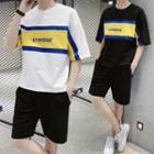 Set: Elbow-sleeve Lettering T-shirt + Wide-leg Shorts