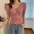 Short-sleeve Plain Knit Ruched Top