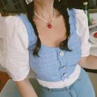 Puff-sleeve Tweed Panel Cropped Blouse
