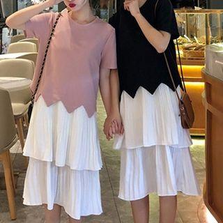 Set:plain Asymmetric Short-sleeve Top + Plain Frilled Chiffon Sleeveless Dress
