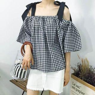 Gingham Off-shoulder Elbow-sleeve Blouse Black & White - One Size