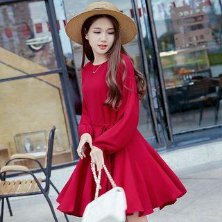 Long-sleeve Crew-neck A-line Chiffon Dress