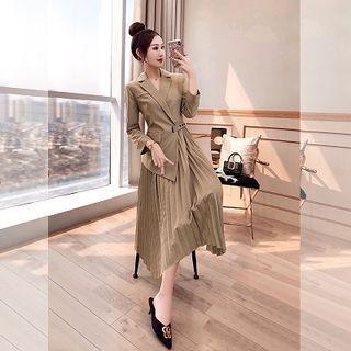 3/4-sleeve Asymmetric Pleated Midi Dress