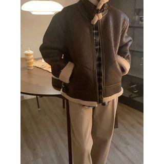 Belted-detail Faux-shearling Zip-up Jacket
