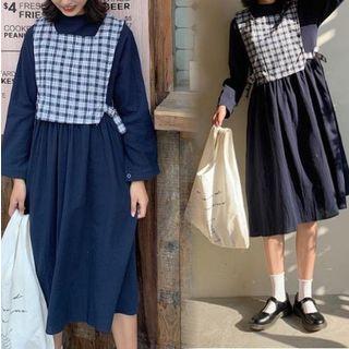 Set: Long-sleeve Midi A-line Dress + Plaid Vest Set Of 2 - One Size