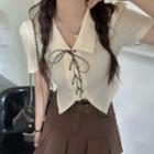 Short-sleeve Lace-up Top Almond - One Size