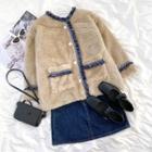 Fleece Button-up Jacket Light Khaki & Blue - One Size