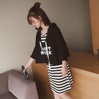 Set: 3/4-sleeve Lettering Hoodie + Striped Tank Dress