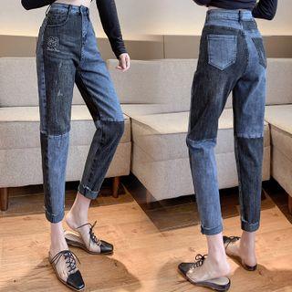 Color Block Crop Straight-cut Jeans