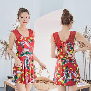 Cutout Tulle-panel Patterned Swimdress