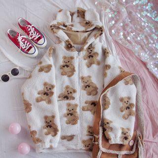 Bear Pattern Fleece Zip Hoodie