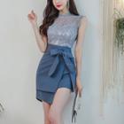Set: Sleeveless Lace Top + Asymmetric Ribbon Mini Fitted Skirt