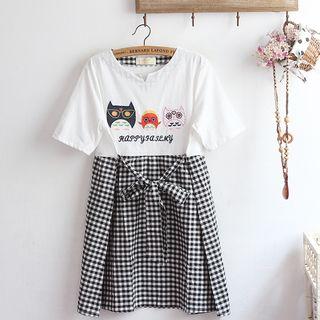 Owl Print Short-sleeve A-line Dress As Shown In Figure - One Size