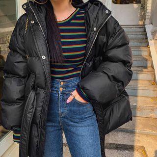 Hooded Balloon-sleeve Padded Jacket With Sash
