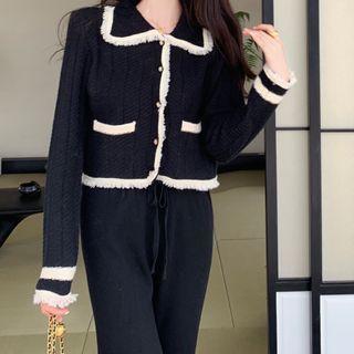 Contrast Trim Tasseled Collared Cardigan