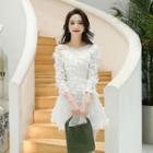 3/4-sleeve Cold-shoulder Feather-accent Mini A-line Dress