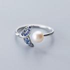 925 Sterling Silver Faux Pearl Rhinestone Whale Tail Open Ring Silver - One Size