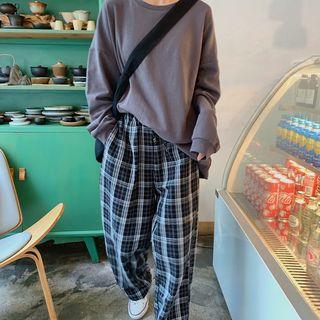 Long-sleeve Plain T-shirt / Plaid Wide-leg Pants