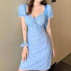 Puff-sleeve Floral Mini A-line Dress Floral - Light Blue - One Size
