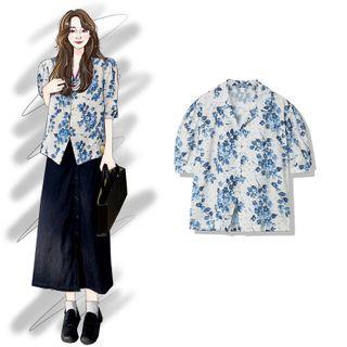 Short-sleeve Floral Print Shirt White & Blue - One Size