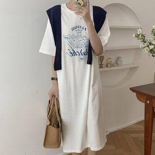 Set: Short-sleeve Print Midi Dress + Shawl White - One Size