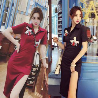 Short-sleeve Flower Embroidery High Slit Shirt Dress
