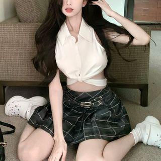 Sleeveless Knotted Crop Top / Plaid Mini A-line Skirt