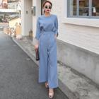 Round-neck Wide-leg Jumpsuit With Sash