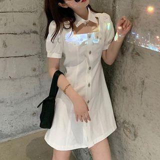 Short-sleeve Square-neck Button A-line Dress