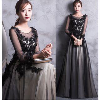 Flower Applique Long Sleeve Evening Gown