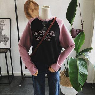 Long-sleeve Color Block Lettering Embroidered T-shirt