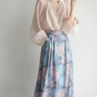 Long-sleeve V-neck Blouse / Print Midi Skirt