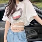 Elbow-sleeve Heart Print Cropped T-shirt