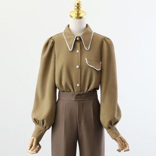 Plaid Lace Button-up Shirt / High-waist Plain Straight-cut Pants