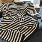 Round-neck Two Tone Striped Embroider Top