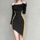 Long-sleeve Off-shoulder Two-tone Asymmetrical Sheath Dress
