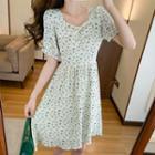 Puff Sleeve Square Neck Beaded Trim Floral Chiffon Dress