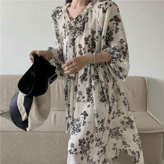Set: Slipdress + Long-sleeve Flower Print Midi A-line Dress