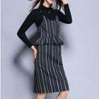 Set: Long-sleeve Knit Top + Striped Peplum Dress