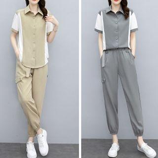 Set: Short-sleeve Two-tone Shirt + Cropped Harem Pants