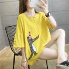 Wolf Embroidered Elbow-sleeve T-shirt