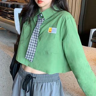 Long-sleeve Tie-neck Cropped Shirt