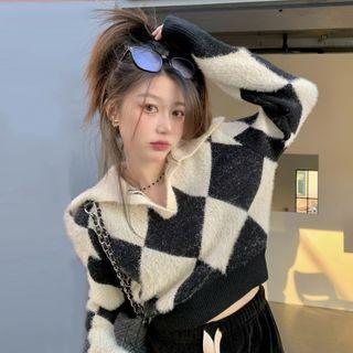 Pattern Collared Knit Top Argyle - Black & White - One Size